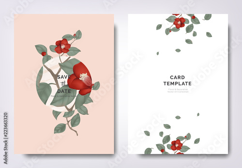Fototapeta Naklejka Na Ścianę i Meble -  Botanical wedding invitation card template design, red Japanese camellia flowers and leaves with circle frame on orange background, minimalist vintage style