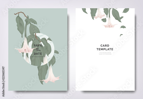 Botanical wedding invitation card template design, pink Brugmansia or Angels ...