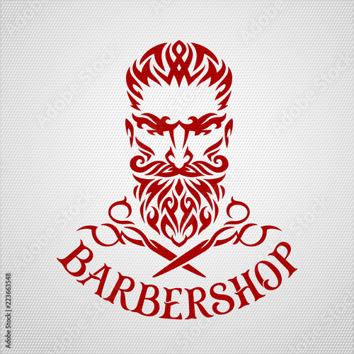 Barbershop. Tribal vector logo. Red head of bearded barber. Fashionable hipster with combed hair, bushy eyebrows, twirled mustache, thick beard. Vintage embossed paper backdrop. Original retro font.