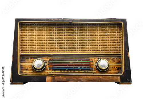 clipping path, old retro wooden radio reciever isolated on white background