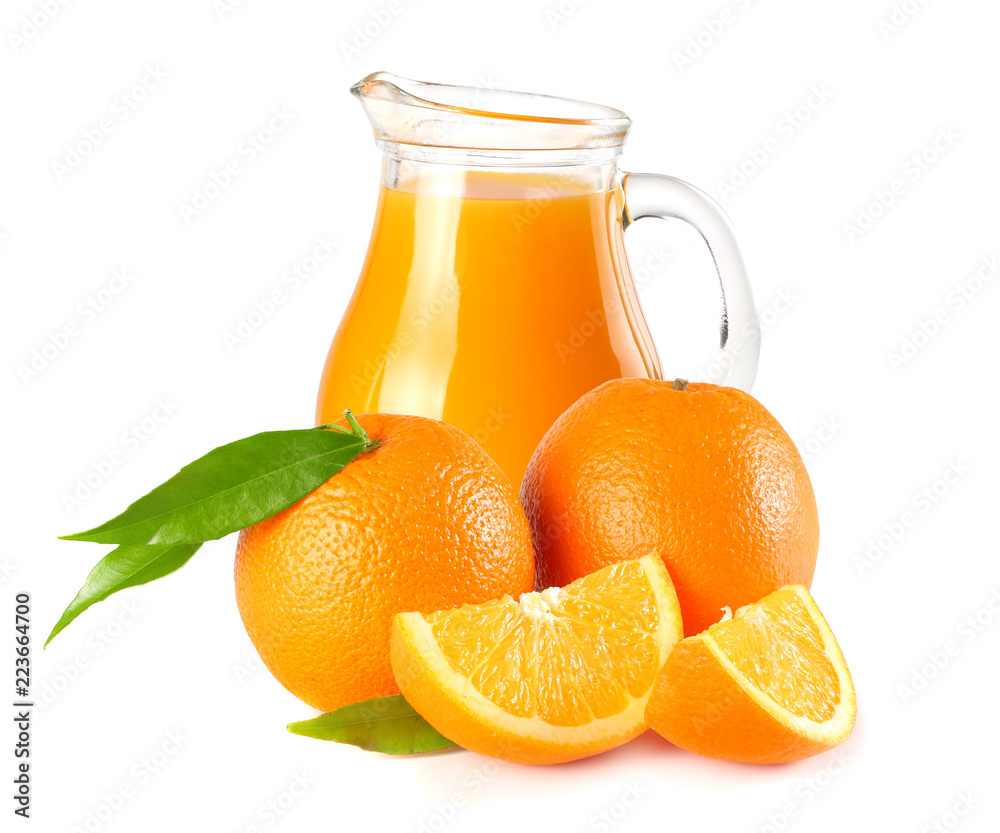 orange juice with orange and green leaf isolated on white background. juice in jug orange juice with orange and green leaf isolated on white background. juice in jug