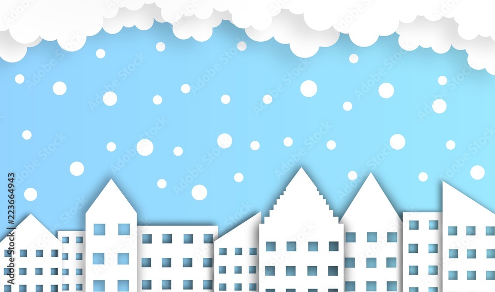 abstract cloud with building background in winter season, vector ,illustration, paper art style, copy space for text