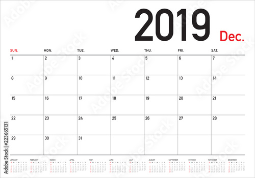 December 2019 desk calendar vector illustration