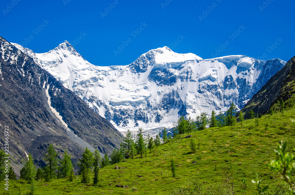 Snow-covered Belukha Mountain in the Altai Mountains.