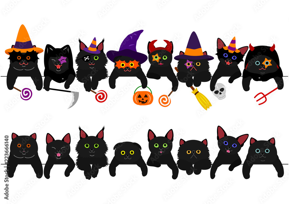 cute black kitties border set with Halloween costumes