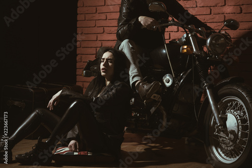 hell riders. biker couple are hell riders. hell riders on motorcycle. man and woman hell riders in leather jacket