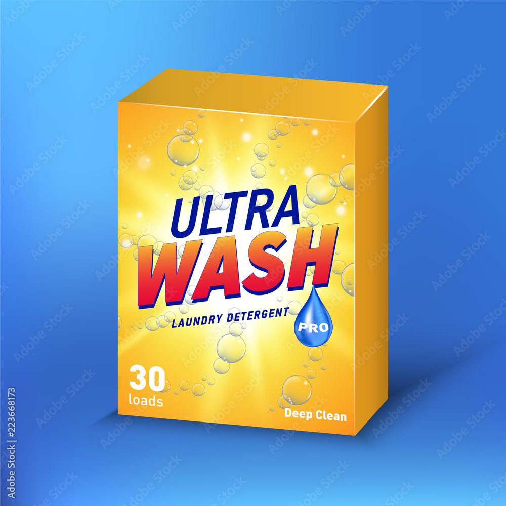 Powdered detergent design on cardboard package vector mockup. Powder