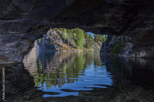 Entrance to the adit in the mountain park of Ruskeala, Karelia