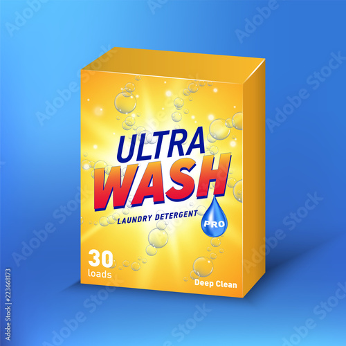 Powdered detergent design on cardboard package vector mockup. Powder washing chemical, packaging washing, bag, washing cleaning illustration