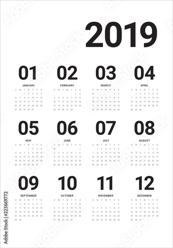 Year 2019 calendar vector design template