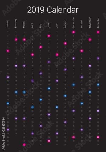 Year 2019 calendar vector design template