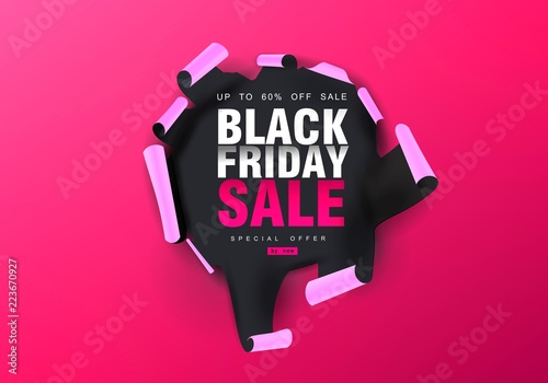 Black Friday sale background. Hole in pink paper. Big Sale, black friday, creative template. Vector illustration.