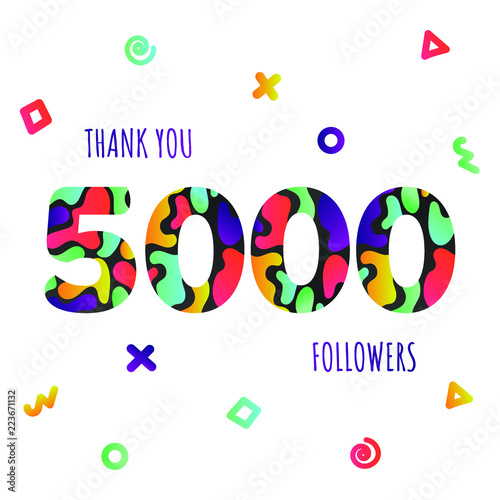 Thank you 5000 followers numbers postcard. Congratulating gradient flat style gradient 5k thanks image vector illustration isolated on white background. Template for internet media and social networks