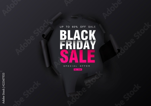 Black Friday sale background. Hole in black paper. Big Sale, black friday, creative template. Vector illustration.