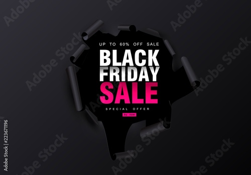 Black Friday sale background. Hole in black paper. Big Sale, black friday, creative template. Vector illustration.