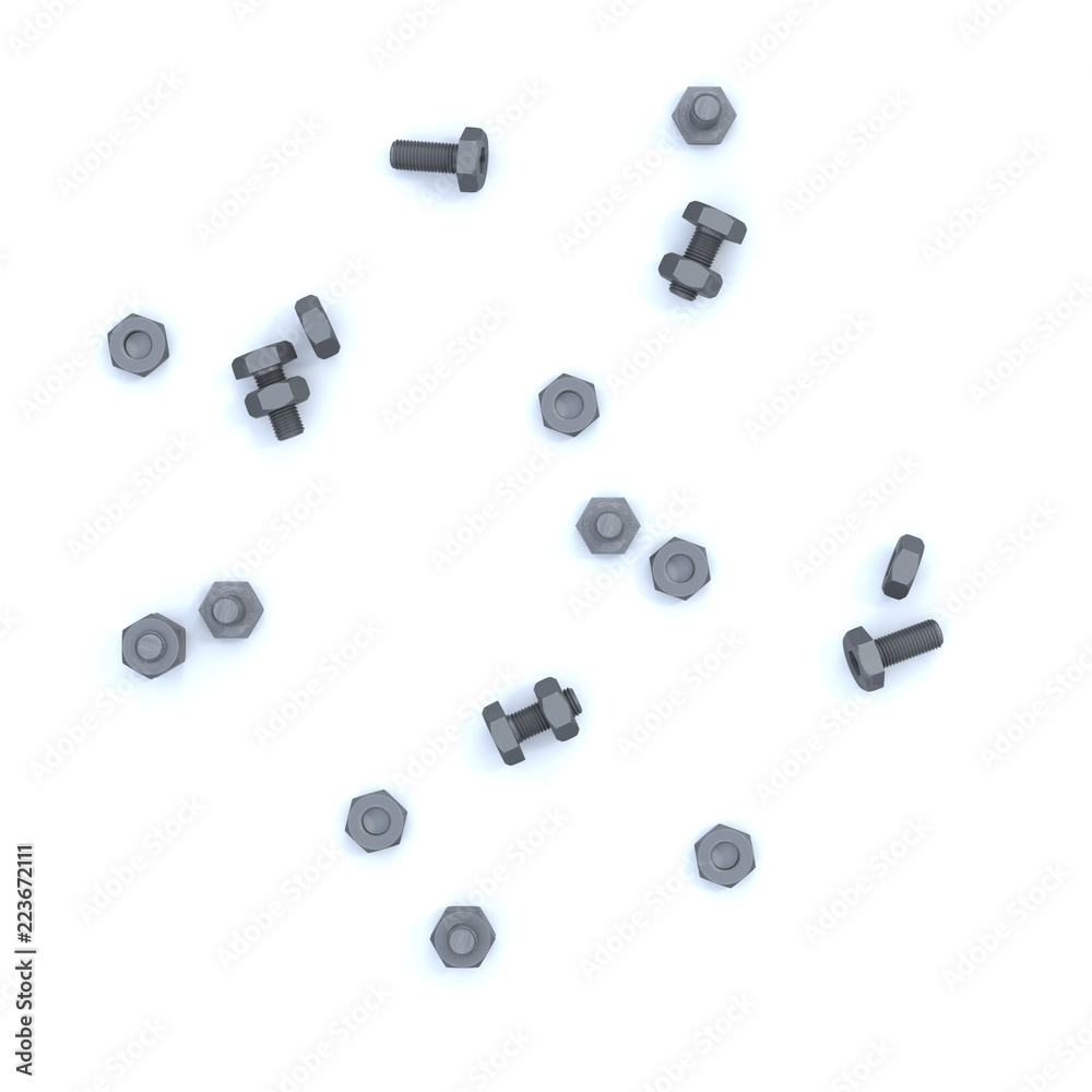 Top View of Several Bolts and Nuts scattered Top View of Several Bolts and Nuts scattered