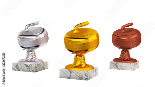 Curling Stone Gold Silver and Bronze Trophies with Marble Bases