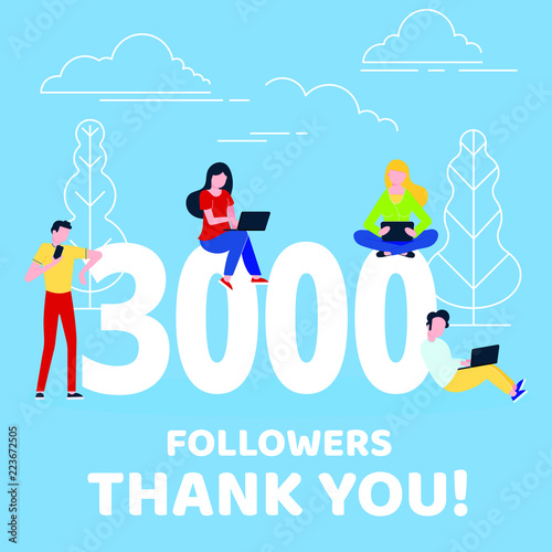Thank you 3000 followers numbers postcard. People man, woman big numbers flat style design 3k thanks vector illustration isolated on confetti background. Template for internet media and social network