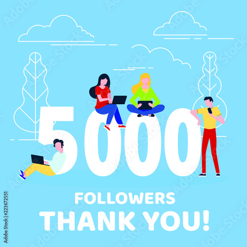 Thank you 5000 followers numbers postcard. People man, woman big numbers flat style design 5k thanks vector illustration isolated on confetti background. Template for internet media and social network