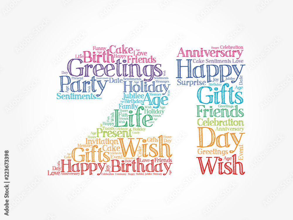 Happy 21st birthday word cloud collage concept