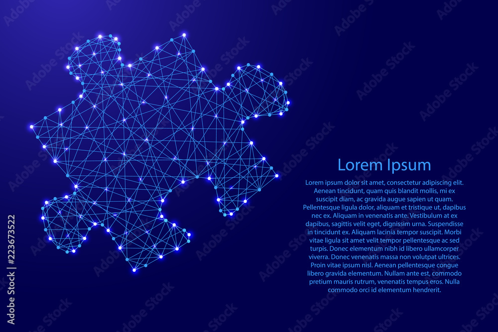Puzzle one piece from futuristic polygonal blue lines and glowing stars for banner, poster, greeting card. Vector illustration.