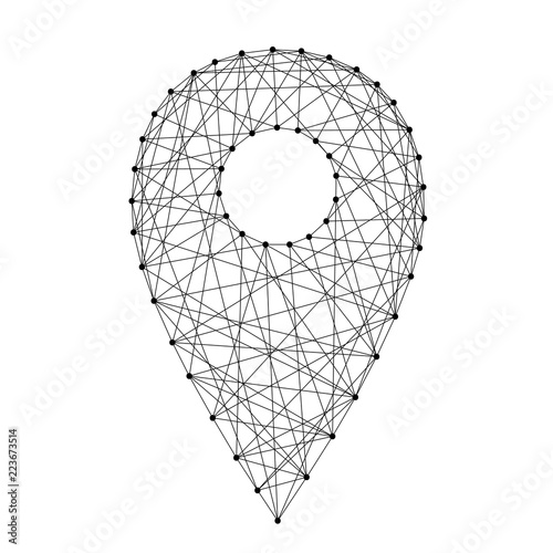 Pin mark travel route location from abstract futuristic polygonal black lines and dots. Vector illustration.