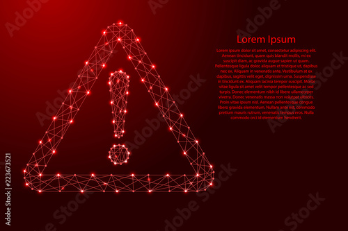 Danger sign exclamation point in triangle from futuristic polygonal red lines and glowing stars for banner, poster, greeting card. Vector illustration.