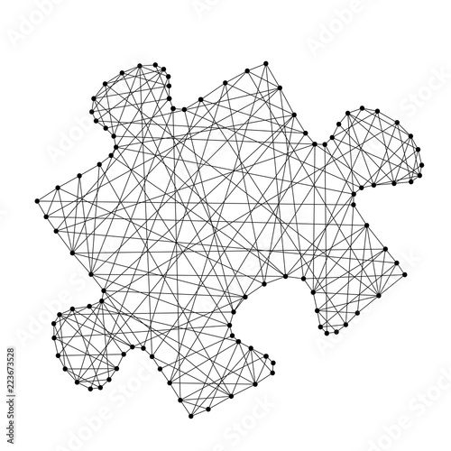 Puzzle one piece sumbol from abstract futuristic polygonal black lines and dots. Vector illustration.