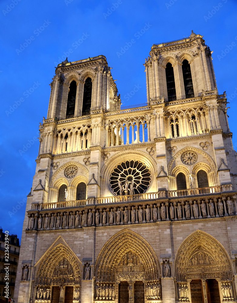 Basilica of Notre Dame in Paris France by night