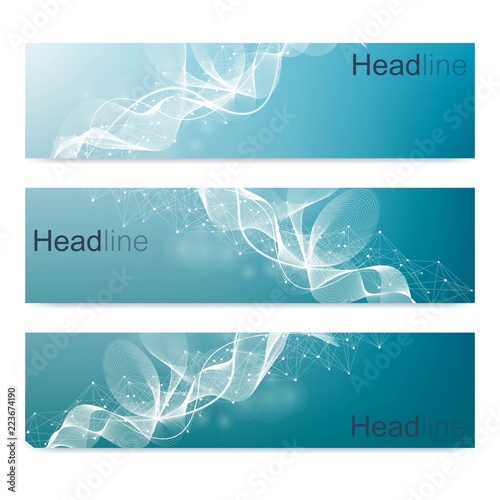 Scientific set of modern vector banners. DNA molecule structure with connected lines and dots. Science vector background. Medical, tecnology, chemistry design