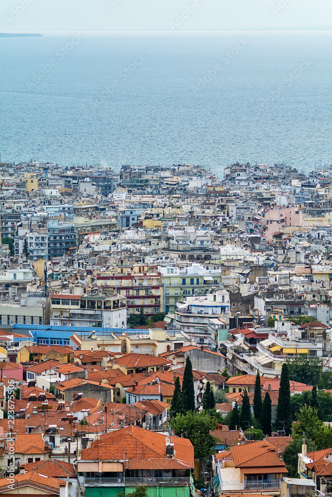 Thessaloniki, Greece - August 16, 2018: Thessaloniki, view of the port and downtown, Greece. Panoramic view of Thessaloniki, Greece.