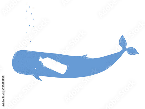Whale with plastic bottle in stomach. Ocean pollution. Vector illustration isolated on white background