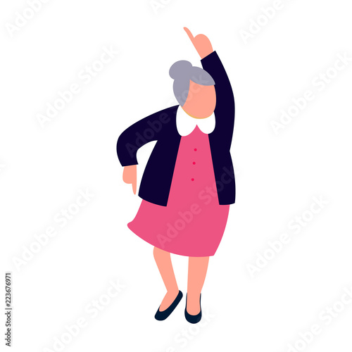 Senior woman dancing. Happy old lady dance character. Recreation and leisure senior activities concept. Old female dancer character.