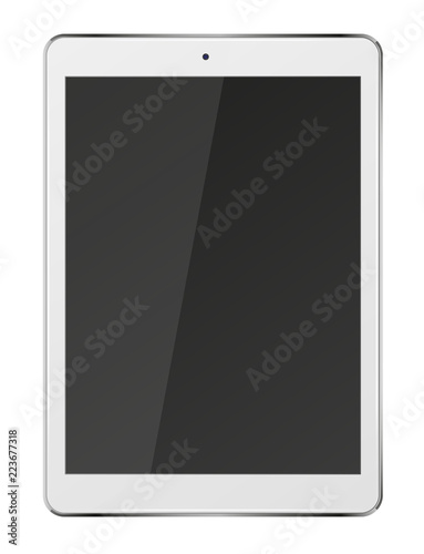 Tablet pc computer with black screen isolated on white background.