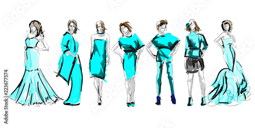 Sketch. Fashion Girls on a white background. Vector illustration