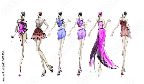 Sketch. Fashion Girls on a white background. Vector illustration.