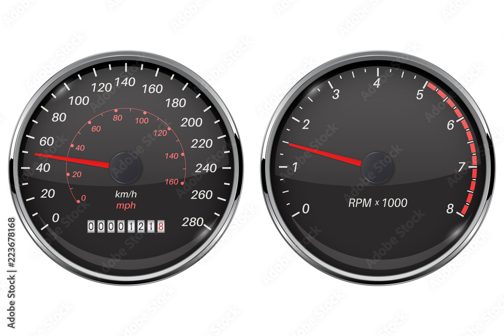 Speedometer and tachometer. Black gauge with metal frame Speedometer and tachometer. Black gauge with metal frame