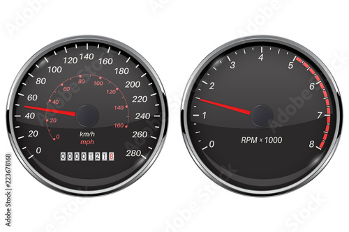 Speedometer and tachometer. Black gauge with metal frame
