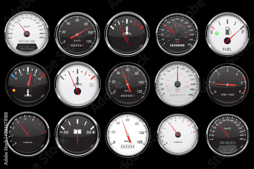 Car dashboard gauges. Collection of speed, fuel, temperature devices on black background photo