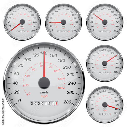 Speedometer. Kilometers and miles. Speed gauge with metal frame