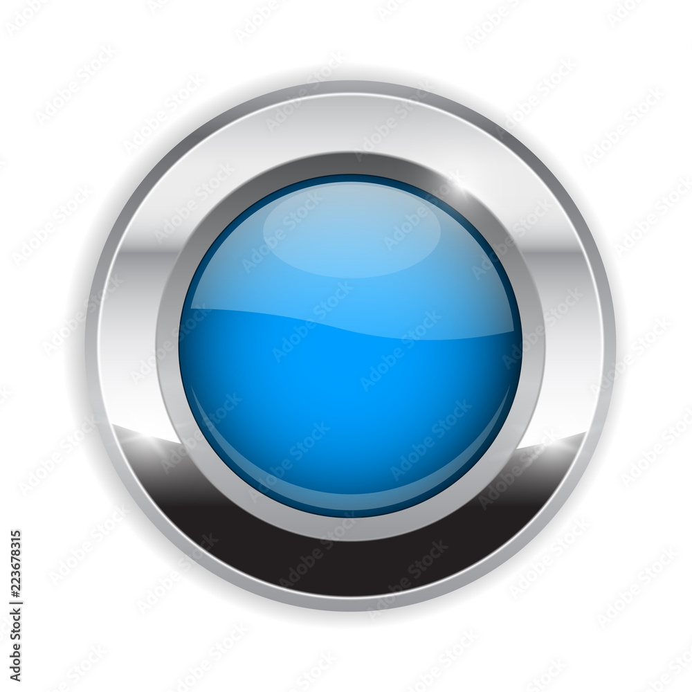 Blue round button. Glass 3d shiny icon with wide metal frame Blue round button. Glass 3d shiny icon with wide metal frame