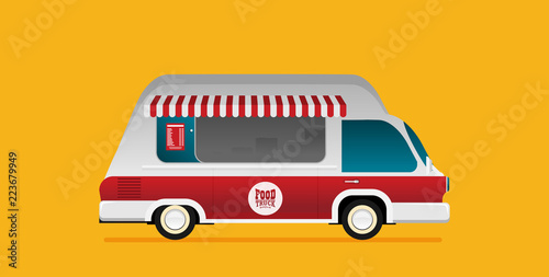 Street food truck vector illustration, food caravan. Burger van delivery. Flat icon