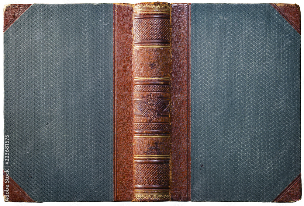 Fototapeta premium Old open book cover with embossed brown leather spine, cloth boards and abstract geometric decorations - circa 1909 - isolated on white