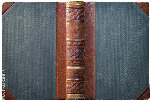 Old open book cover with embossed brown leather spine, cloth boards and abstract geometric decorations - circa 1909 - isolated on white