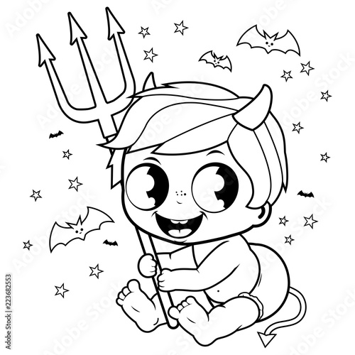 Cute baby boy in a Halloween devil costume. Vector black and white coloring page.