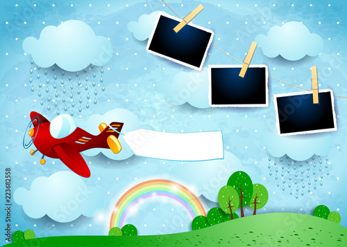 Wallpaper Mural Surreal landscape with airplane, banner, rain and photo frames Torontodigital.ca