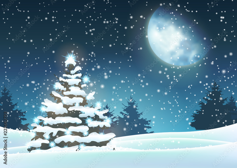 Christmas tree in snowy landscape with big moon