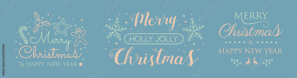 Set with Christmas decorations and greetings. Vector.