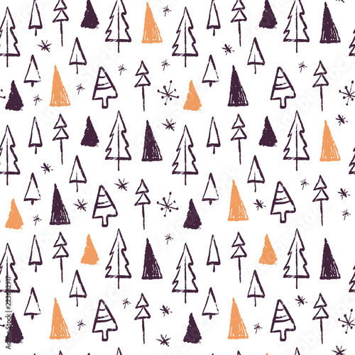 Vector Christmas seamless pattern with hand drawn xmas fir trees different shapes and snowflakes sketch elements isolated on white background. Perfect for cards  gift tags  packaging paper etc.