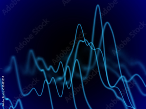 Big data abstract visualization: business charts analytics. 3D Sound waves. Digital surface with flowing curves. Futuristic technology background. Blue sound waves, EPS 10 vector illustration.